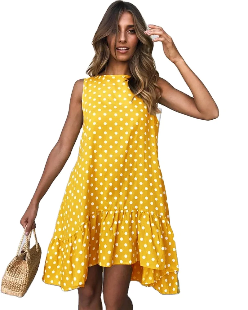 

Women Summer Dress Fashion Polka Dot Sleeveless Beach Mini Dress For Women Casual Print Short Loose Blue Sundress Plus Size