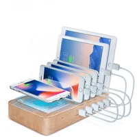 

Fast charger station with 5 USB ports and 1 Qi wireless charging pad for iPhone, iPad, Android phones and tablets