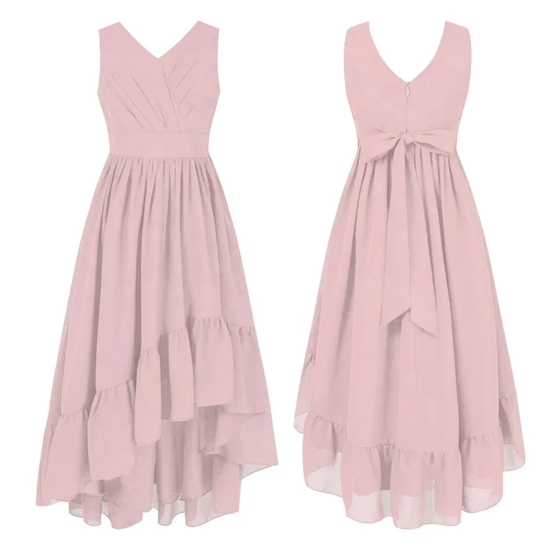

Kids Girls V Neck Wide Shoulder Straps Sleeveless Pleated Ruffle Hem High-low Chiffon Bridesmaid Dresses
