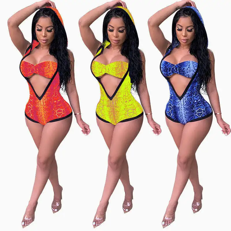 

2020 new arrivals Fashion Women V-Neck Hooded Sleeveless Printed 2 pieces Set Swimwear, Picture show