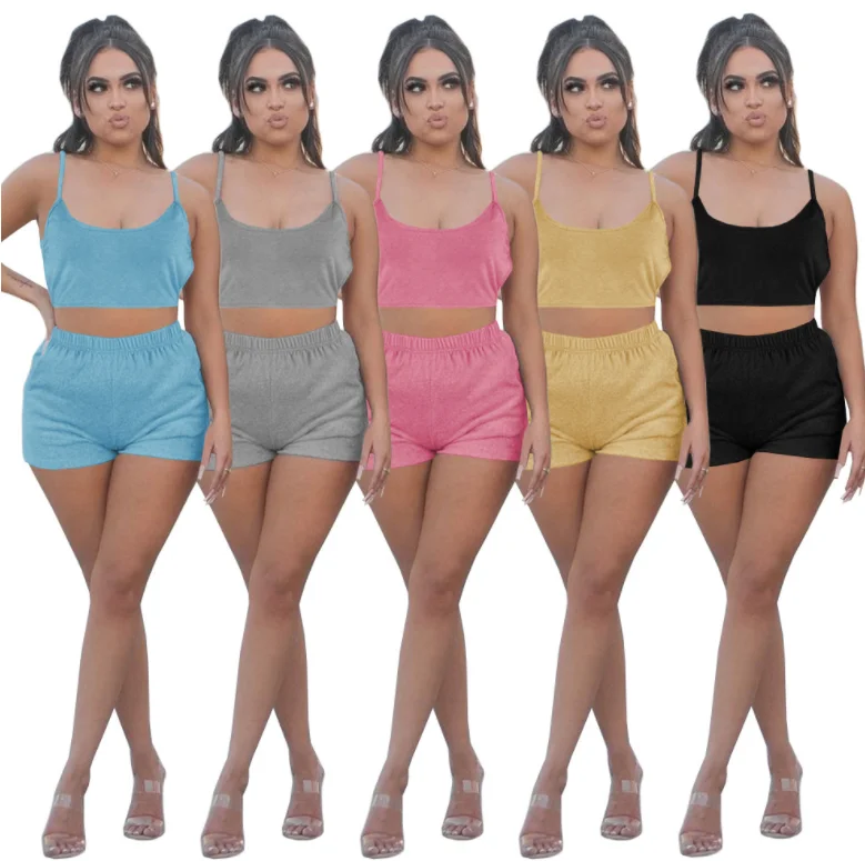

2021 New Arrivals Solid Women Sexy Backless Tank Top Biker short pants two piece Set Summer Women Clothing