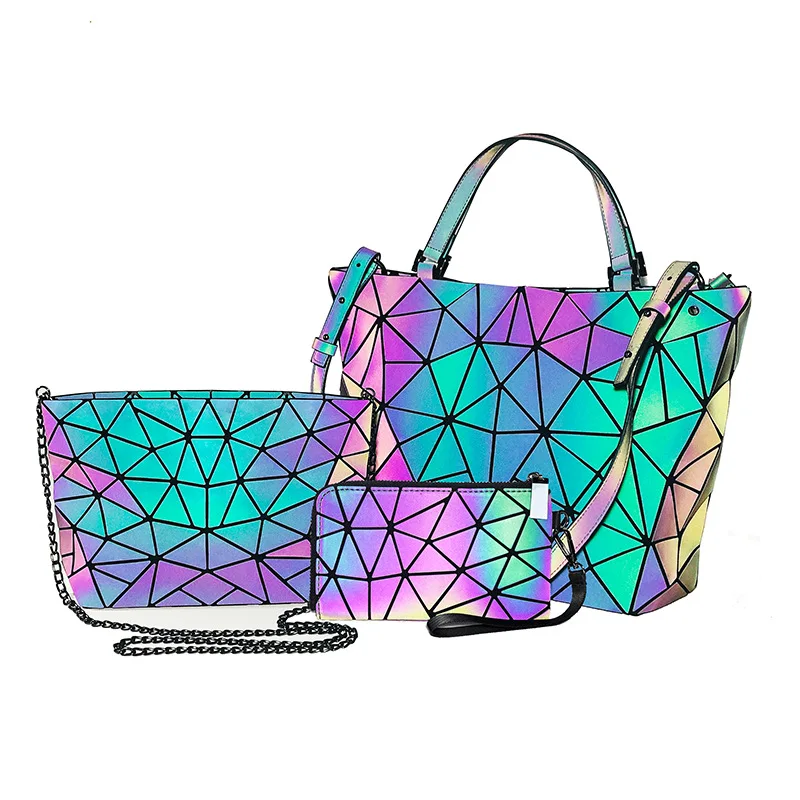 

Amazon Hot Selling 3D Geometric Lattice Reflective Fabric Handbags Set 3 Pieces Large Tote Hand Bags