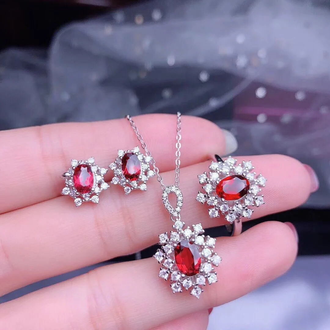 

Wedding Jewelry Set For Women Red Zircon Silver Color Necklace Earring Adjustable Ring Fashion Jewelry Wholesale, Picture shows