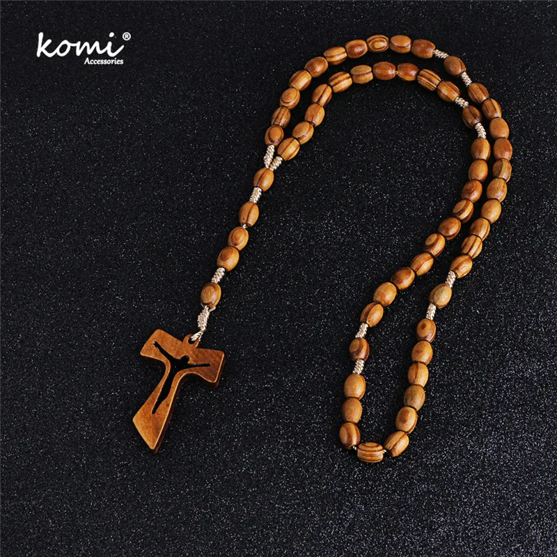 

KOMI Catholic Christ ReligiousWooden Beads Hollow Cross Pendant For Women Men Jesus Rosary Jewelry Necklace, Wood color