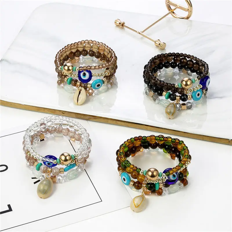 4pcs/set Bohemian Beach Style Multilayer Shell Evil Eyes Beads Pendant Charm Bracelets Bangles For Women Gift Pulseras Mujer