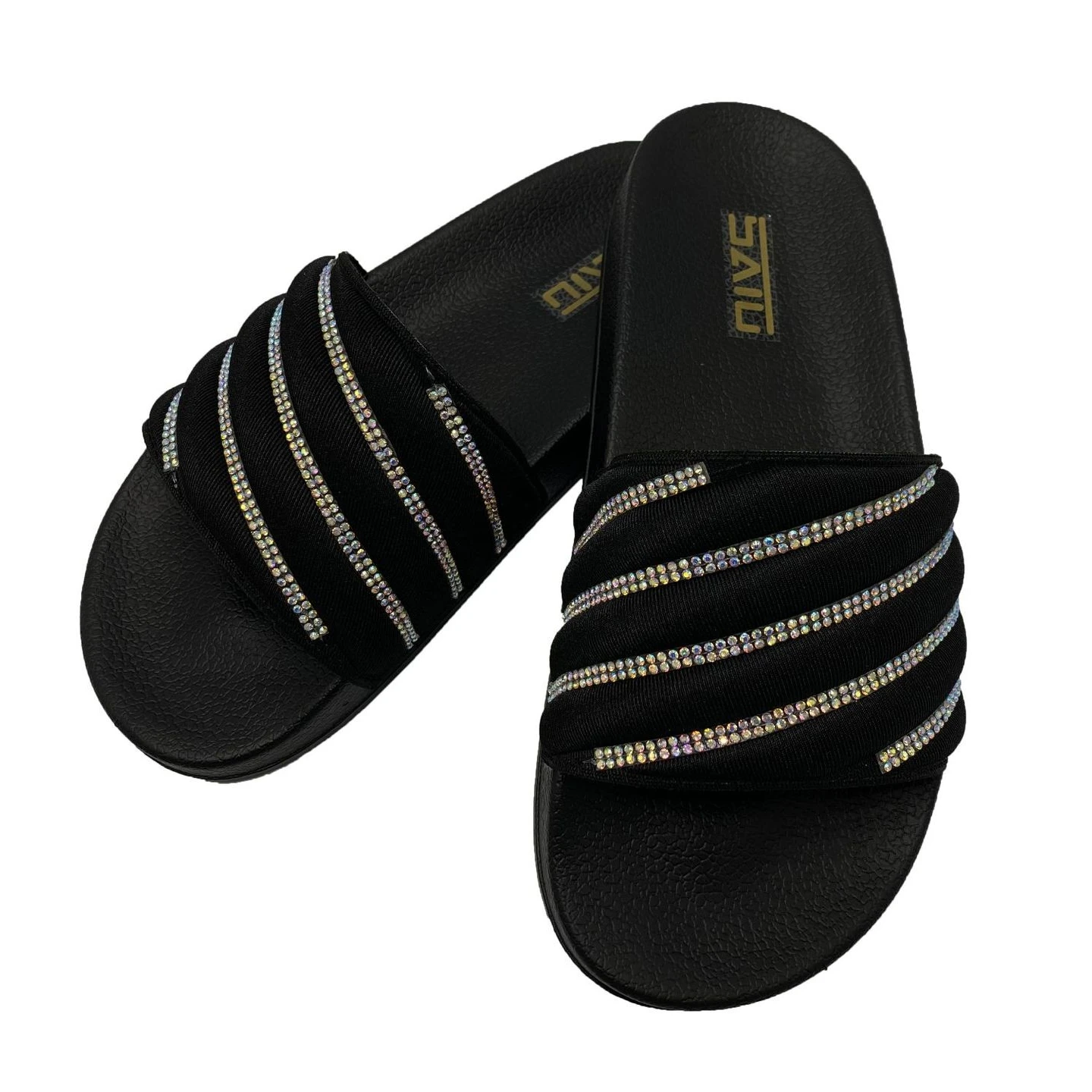 

Summer Footwear Fashion Rhinestone Ladies Beach Slippers Latest Summer Sandals Pvc Anti-slid Footwear for Lady Cotton Fabric, Black,pink multi pink and multi orange