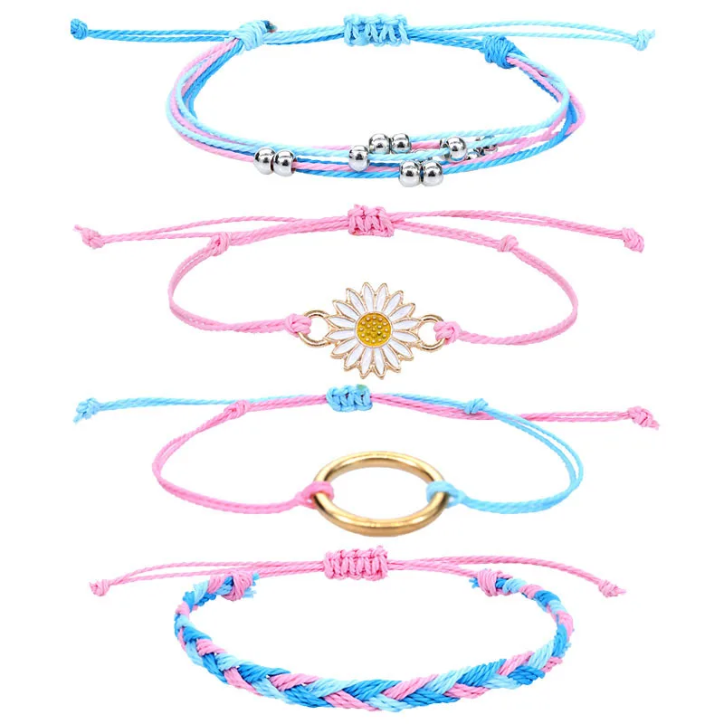 

European And American Seaside Surfing Hand Rope Waterproof Wax Line Sunflower Bracelet 4-Piece Set