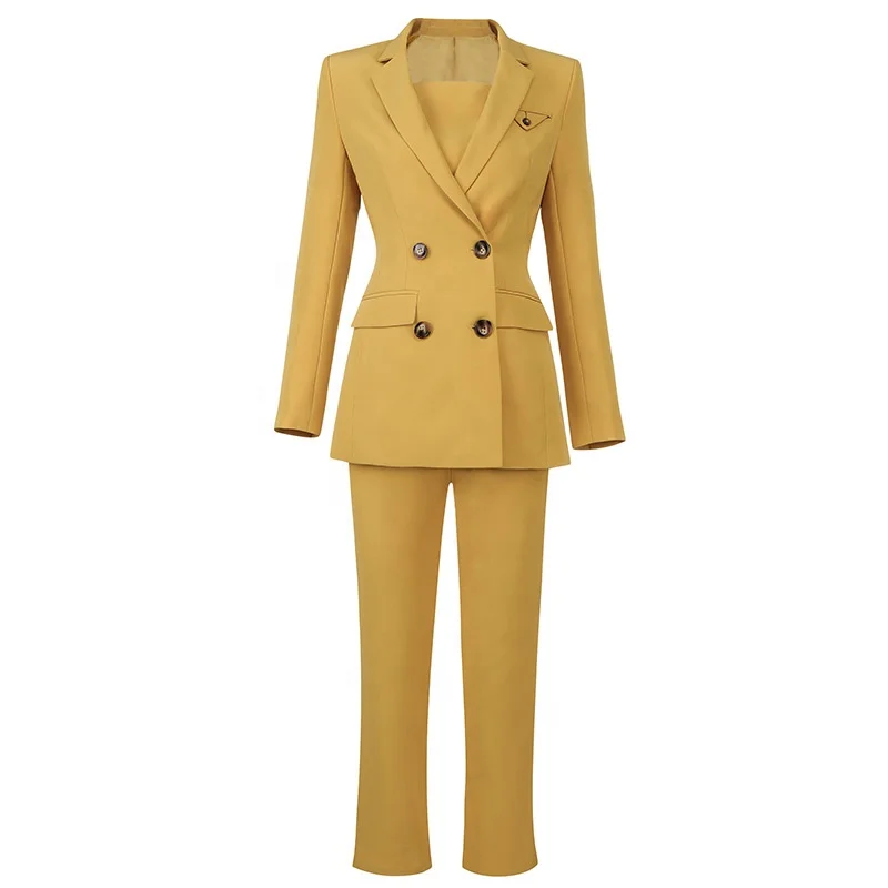 

Women Yellow 3 Piece Casual Ready To Ship Fashion Double Breasted Suits, Blue