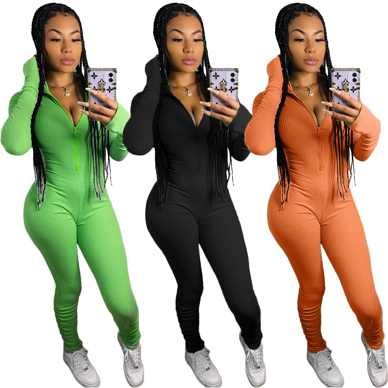 

2021Fall And Winter Hot Sale Ladies Jumpsuits Fashion Solid Color Pit Strip Pleated Sports Casual Womn Sexy Jumpsuit