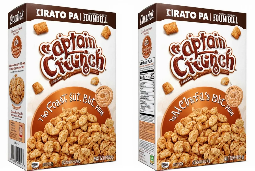 Close-up photo of Cinnamon Captain Crunch cereal pieces showing reddish-brown square shapes in a white bowl with milk