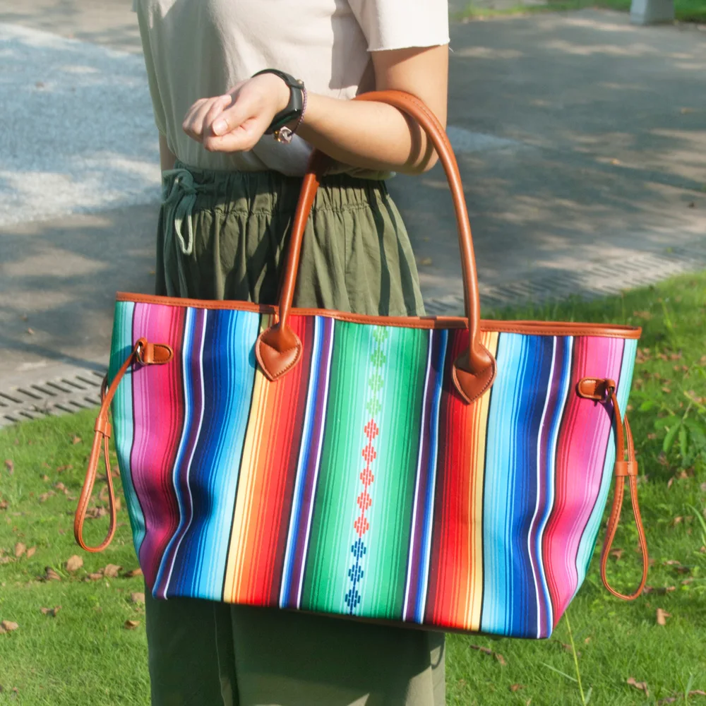 

Free Shipping Natural Recycled Fashion Aztec Stripe Prints Tote Bag DMA81086