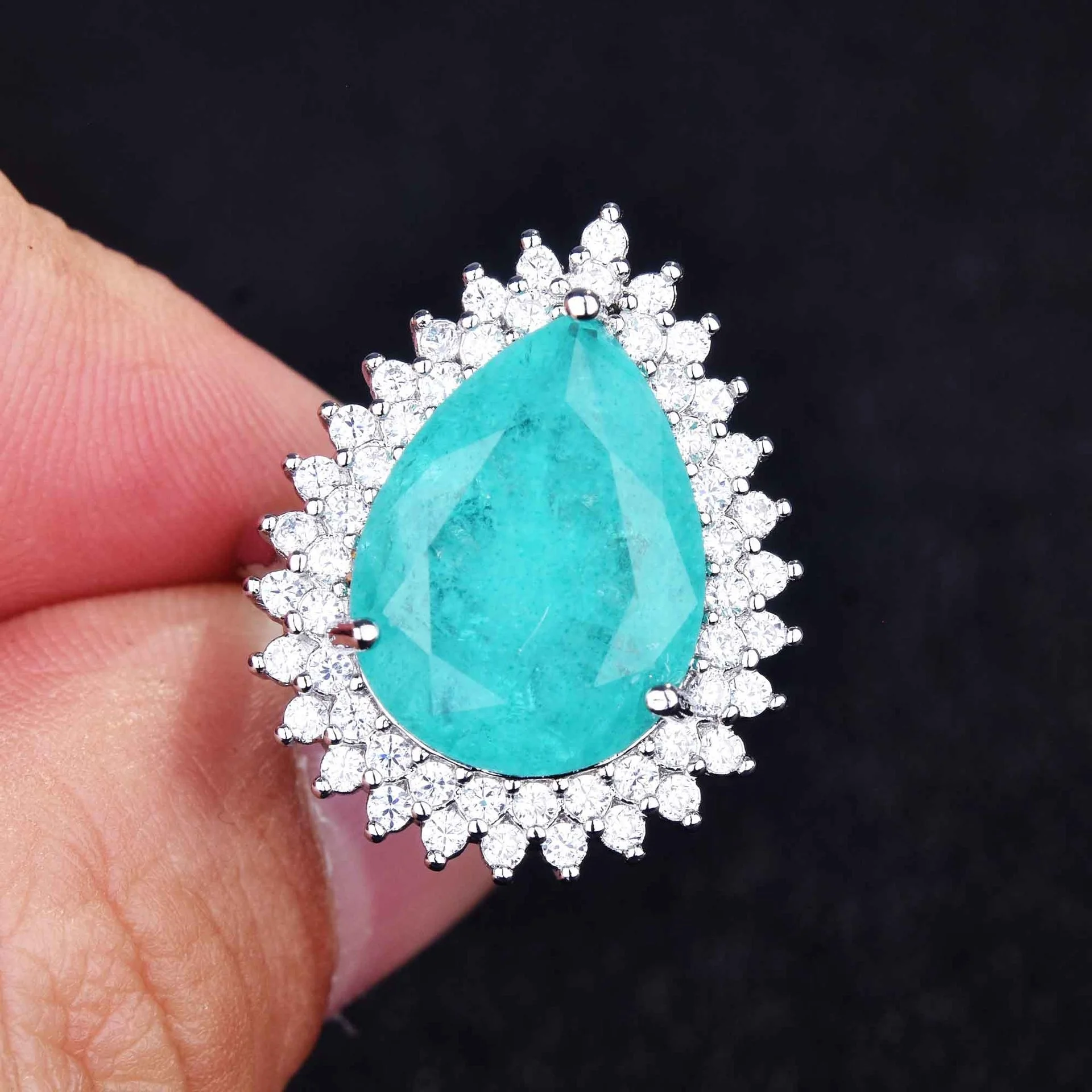 

New Trendy Paraiba Stone Water Drop Rings Vintage Fine Jewelry For Women Wedding Engagement Eternity Ring Anniversary Gifts, Picture shows