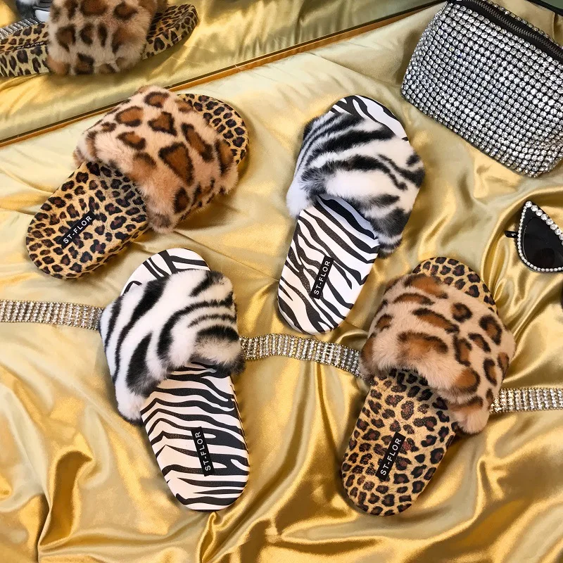 

2021 Summer Fashion Europe And America Zebra Leopard Print Women Flat Furry Slippers, As photo show