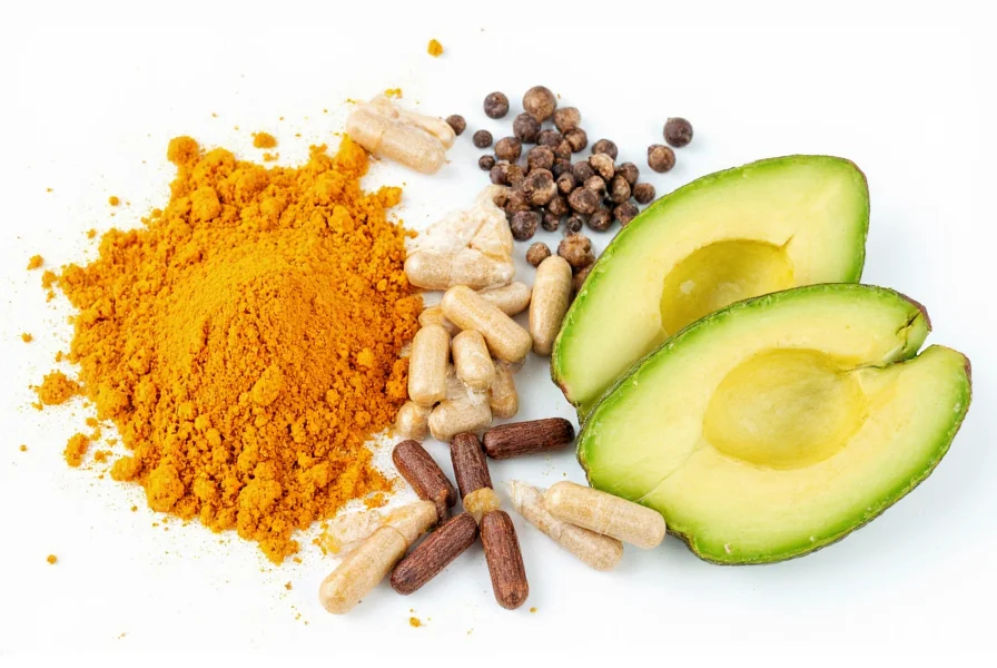 Turmeric capsules next to black pepper and avocado slices showing optimal combination for absorption