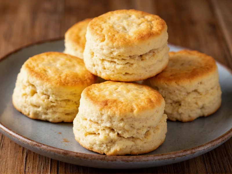 Golden homemade biscuits with flaky layers on rustic plate