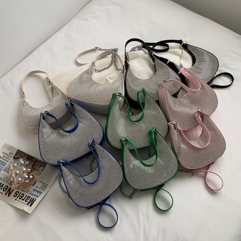 

New Vintage Chain Designer Pu Leather Crossbody Bags Rhinestone Shoulder Bag Luxury Handbags For Women
