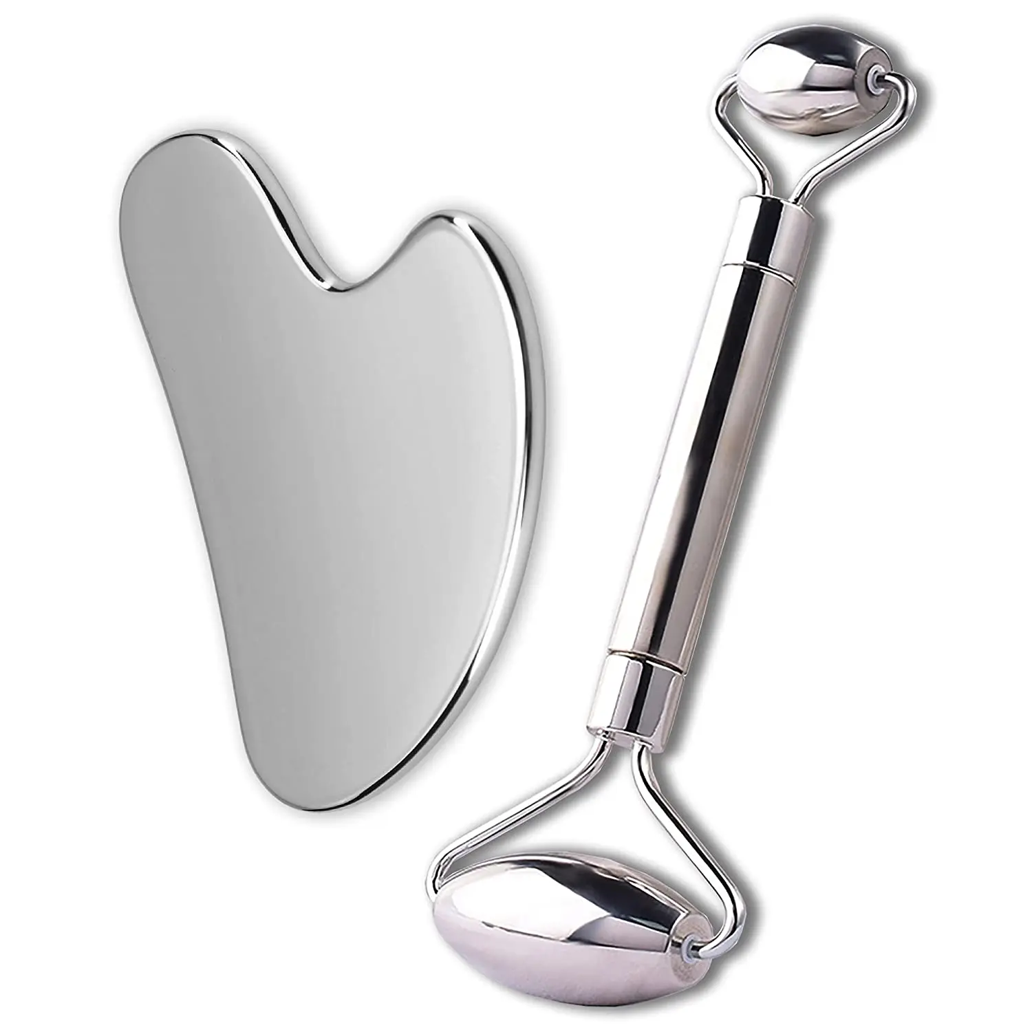 

Hot Sell Facial Beauty Tools 304 Stainless Steel Face Massager Roller And Gua Sha Set