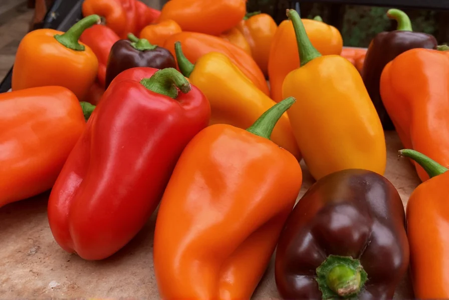 Habanero peppers in various colors including orange, red, and chocolate brown varieties