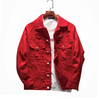 

Spring and winter red denim men jacket Drop Shoulder Loose Hole handsome fashion men's jackets & coats