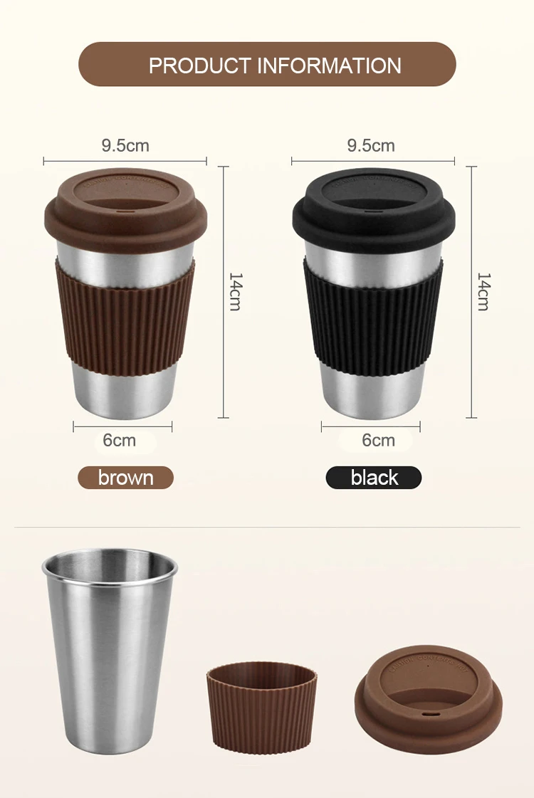 Stainless Steel Coffee Cups with Silicone Lids Non-slip Anti-scalding  Sleeves Case Drinking Tumblers Beer Water Tea Mugs