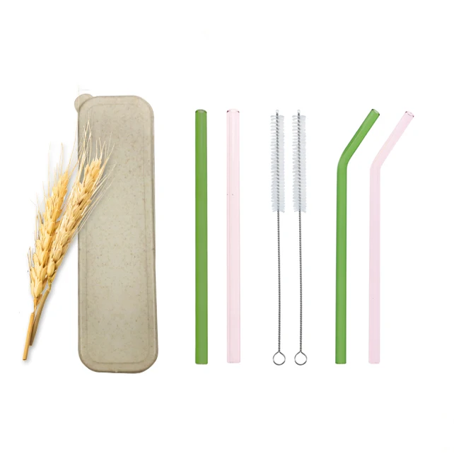 

FlashSale Guaranteed Quality glass drinking straws cleaning brush straight clear glass straw set, Clear, blue, green, pink