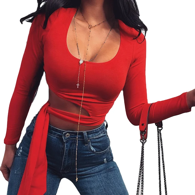 

KFL90509 Autumn New Square Collar sexy hollow crop top women o neck crop t shirt