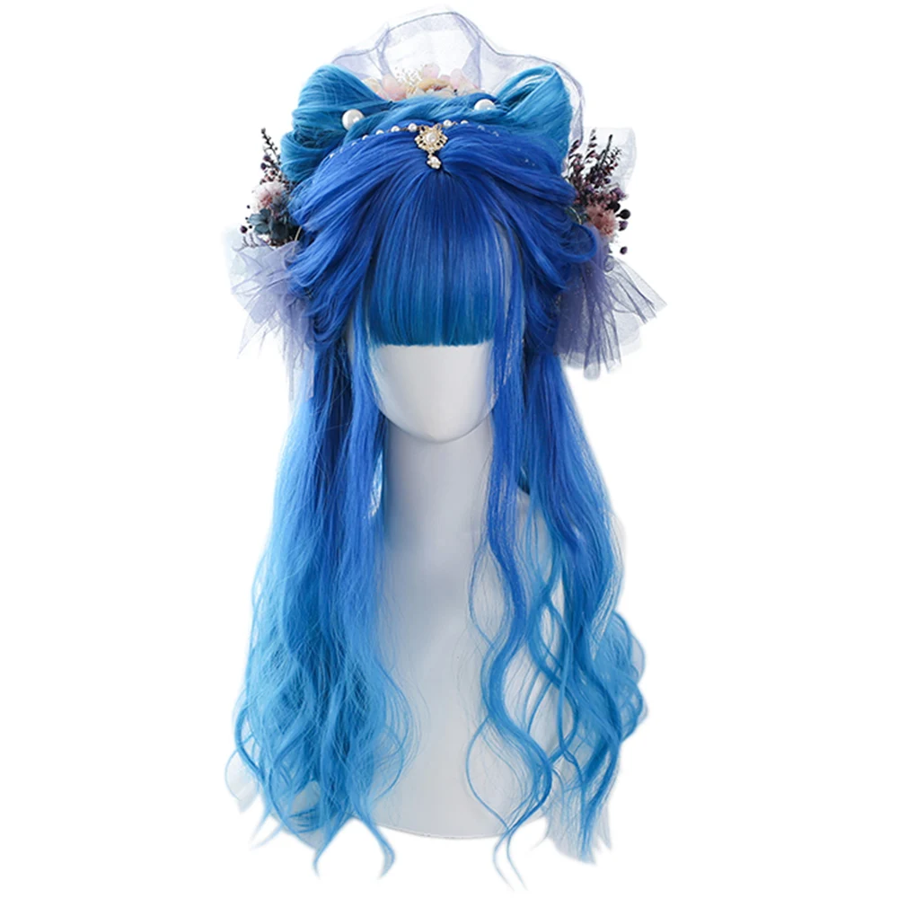

Blue Gradient Long Curly Synthetic Hair Wig Rose Net Japanese Lolita Rooming Face Natural Cute Girls Cosplay Wigs, Pic showed
