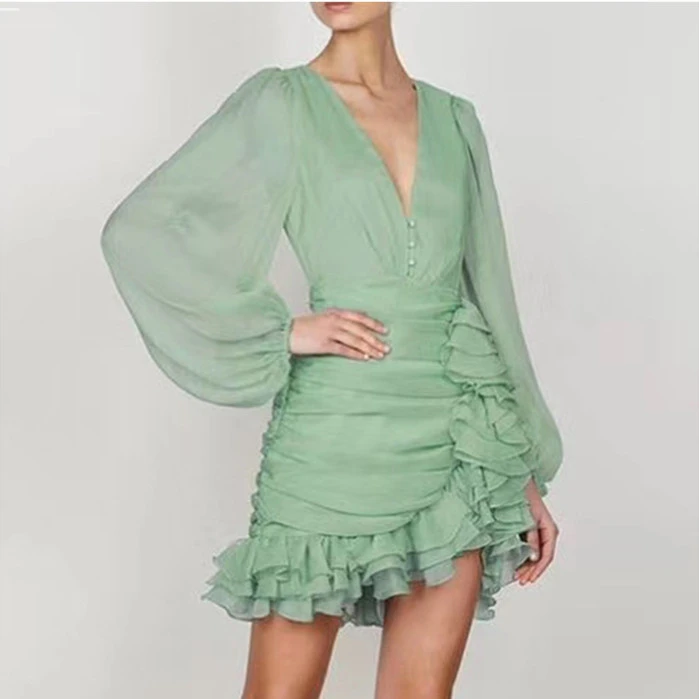 

2021 Green Elegant V-neck Puff Sleeve Pleated Irregular Ruffled Vacation Dress Summer Dresses Women Beach