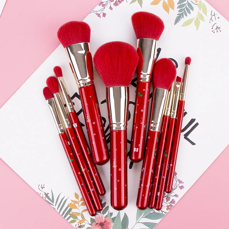 

10pcs Red New Christmas Style Cosmetic Makeup Kit for Professionals Synthetic Hair Custom You Own Logo Champagne Gold Red/ Biege