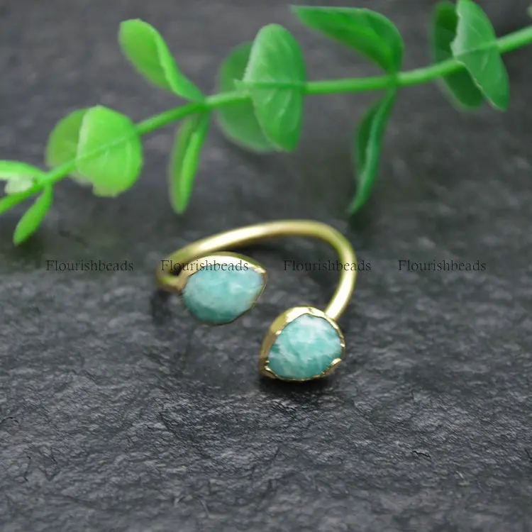 

Natural Amazonite / Labradorite Double Stones Gold plating Gemstone Band Rings Fashion Jewelry