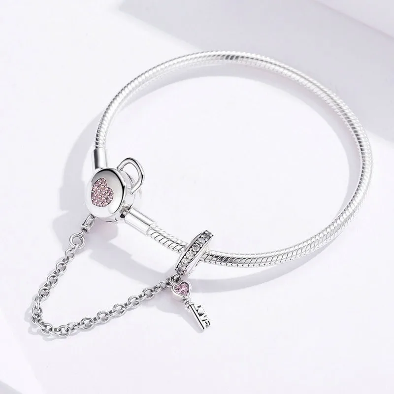 

Popular Jewelry 925 Sterling Silver Pink Cz Heart Lock And Key Charm Bracelets
