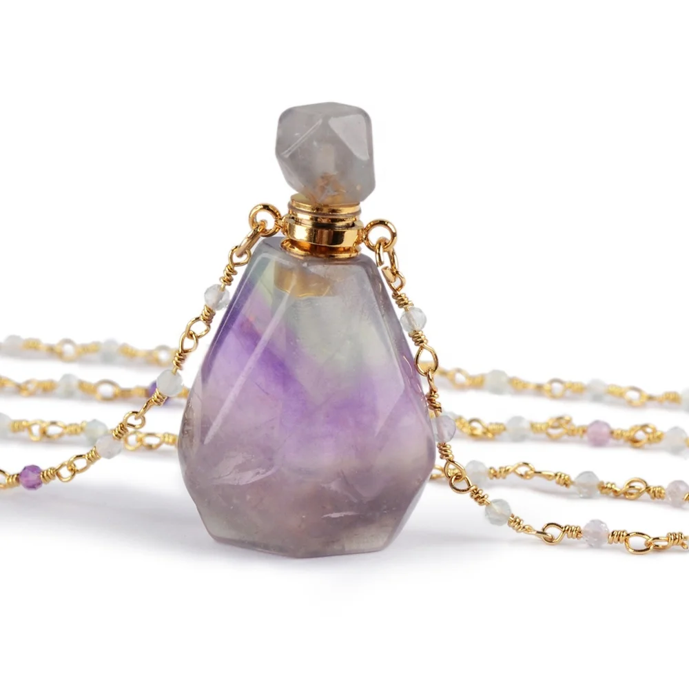 

HD00916 Natural Gemstone Bottle Colorful Fluorite Crystal Perfume Bottle Essential Oil Perfume Pendant Necklaces