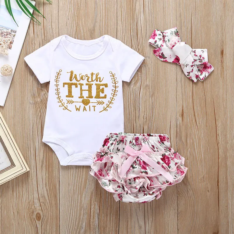 

Baby Girl Clothes Infant Ruffle T-Shirt Solid Color Top+Short Bow ribbon English Gold Letter print Shorts 2Pcs Summer Outfit Set, White