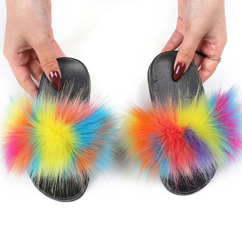 

Non Slip Rainbow Colors Plush Fur Slippers High Quality Fluffy Faux Fox Fur Flat Slides Beach Sandals For Children
