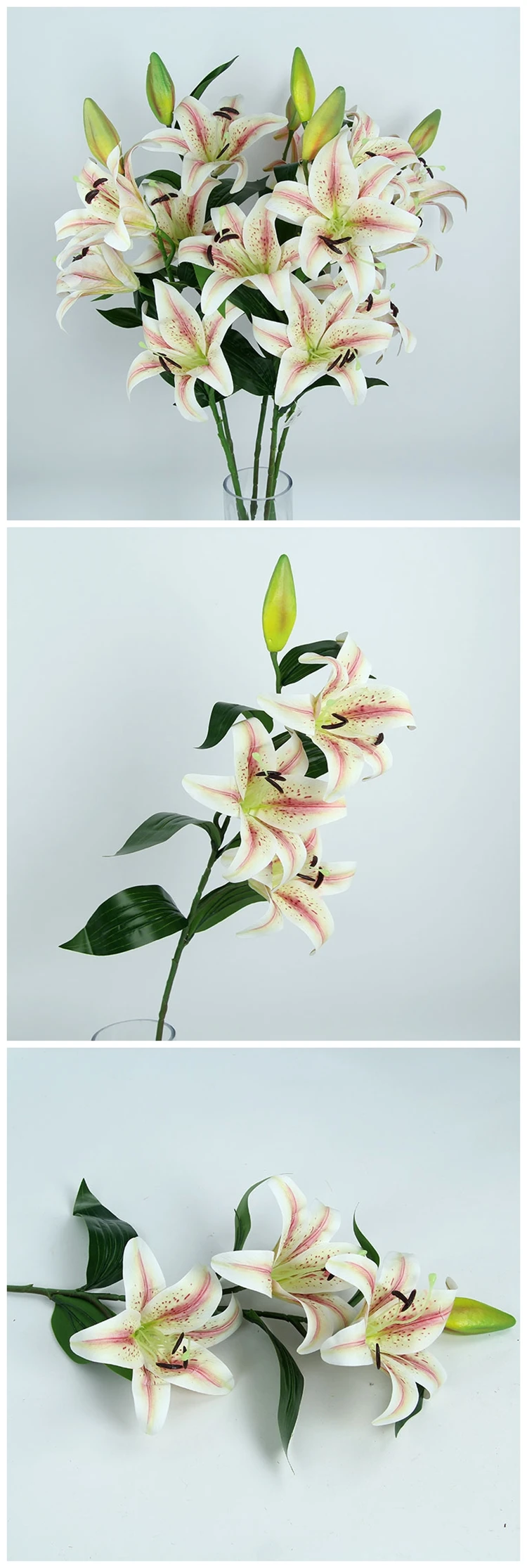 X1125 100cm Colored Lilies White 3 Heads 1 Bud Artificial Silk Tiger