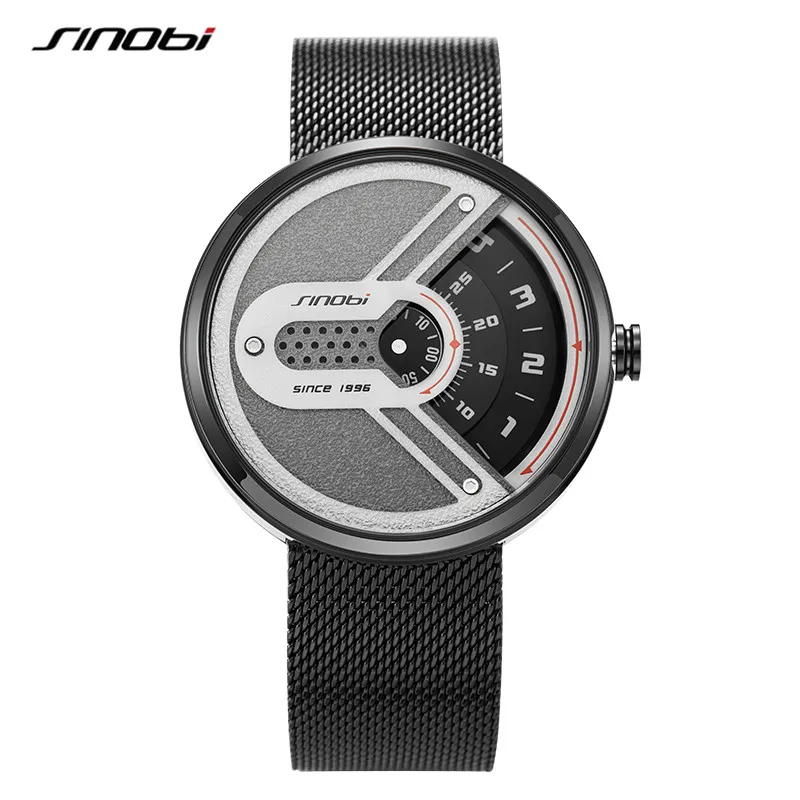 

SINOBI Creative Watch For Man Rotating Dial Steel mesh Bracelet Wristwatch Japan Quartz Watch Custom Logo Watches S9831G, Silver ,black / support oem