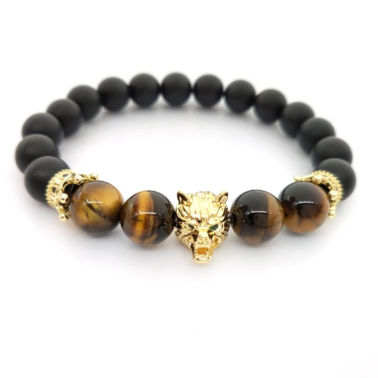 

10MM Vintage Matte Agate Brown Tiger Eye Joint Bead Bracelet With Wolf Head, As picture