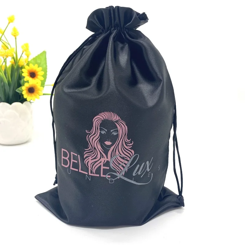 

Black Satin Hair Bundle Pouch Shoe Packaging Dust Drawstring Bags With Custom Logo, Gray, white, black , blue, red, yellow, green , purle etc.