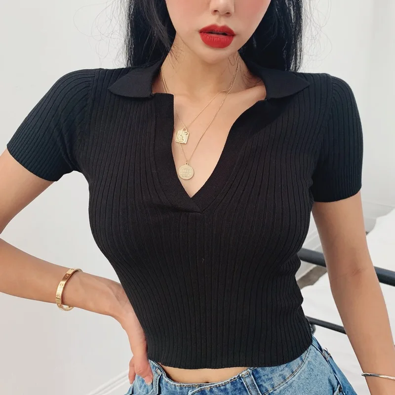 

collared cropped tee skinny ribbed v neck button women crop top shirt blouse with collar For girls