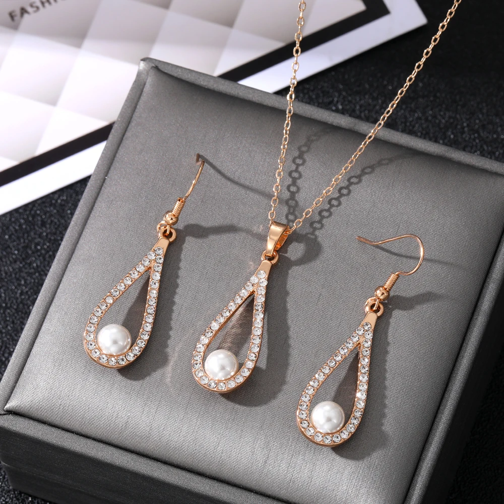 VKME New Women Jewelry Fashion Rhinestone Necklace Earrings Water Drop Pearl Jewelry Set
