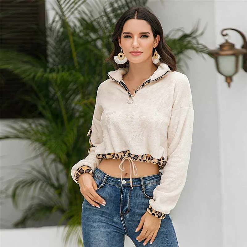 

Women Crop Tops Flannel Leopard Patchwork Drawstring Sweatshirts Fall Hoodies