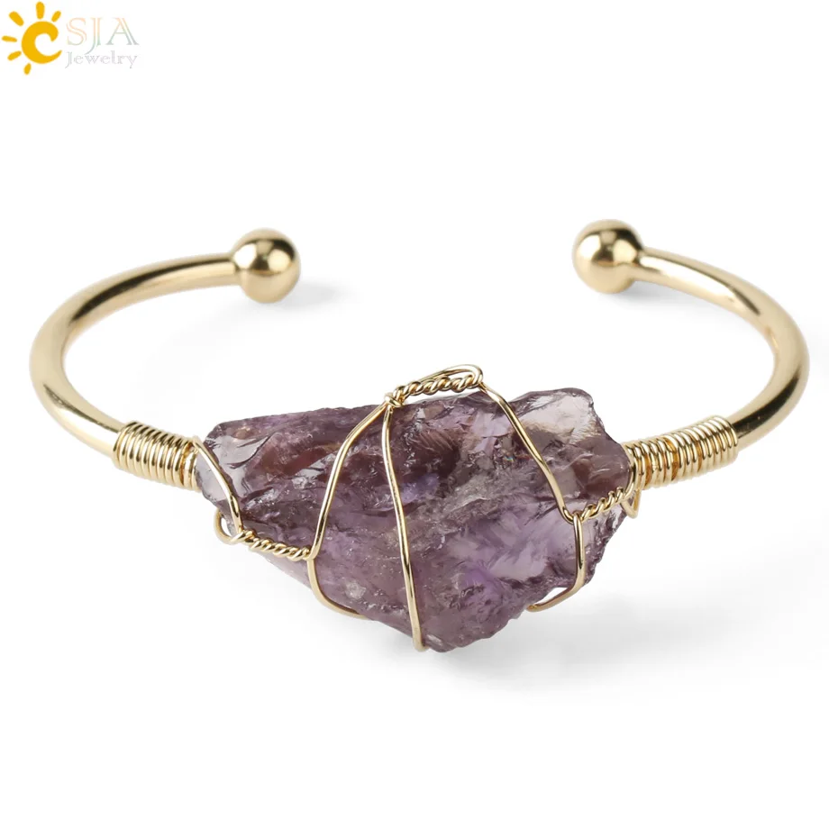 

CAJA handmade wire wrapped irregular healing natural raw stone crystal cuff open bangle bracelet for women G327