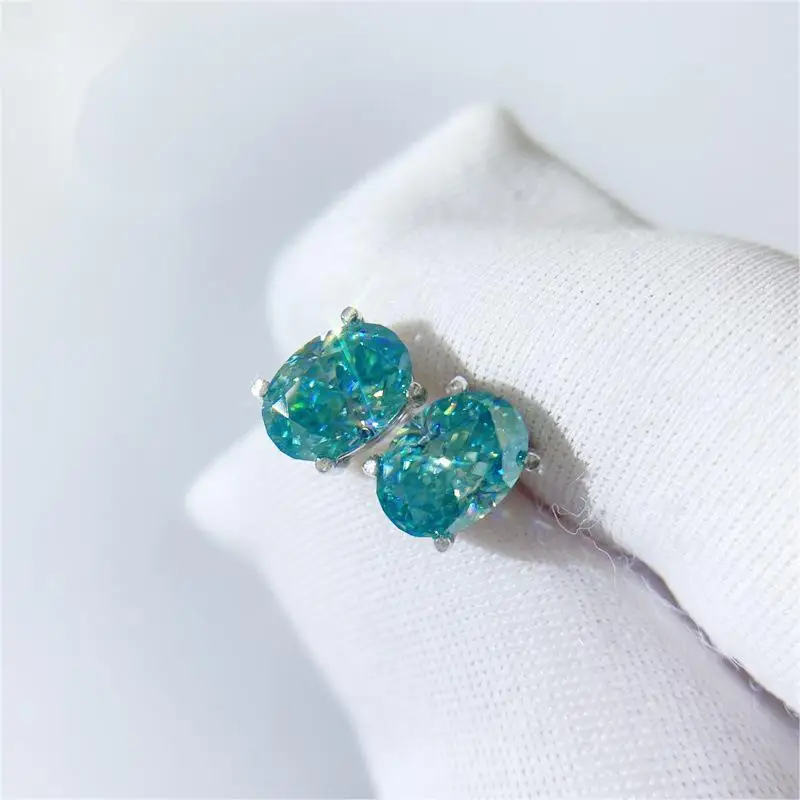 Aimgal GRA Certified Blue-Green Moissanite Stud Earrings Oval Cut D-VVS1 3EX Four Claw in S925 Silver Plated 18K Gold