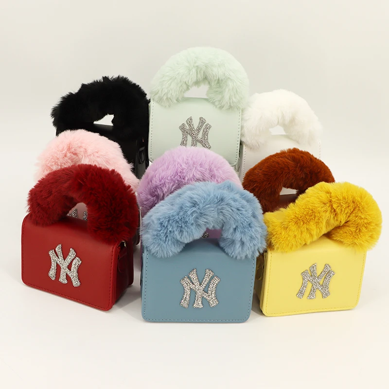 

Custom Logo NY Fur Purse And Matching Fluffy Baseball C-A-P Ny Purse Bag And Hat, Multi color