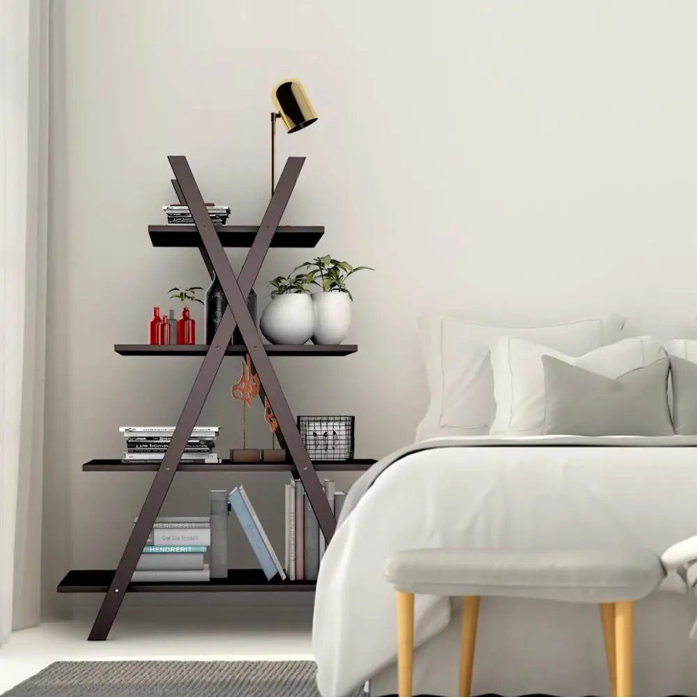 
4 Tier Bookshelf Storage Shelves Bookcase Ladder Shelf Home Office X-Shape Potted Plant or Flower Rack Display Shelves 