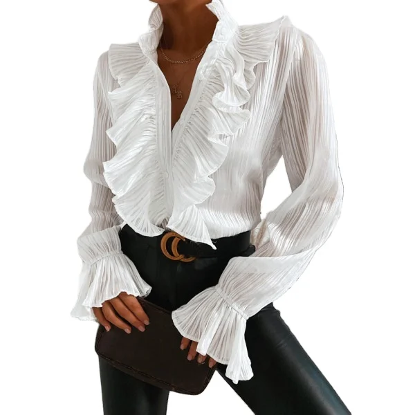 

DLL423 New arrivals Elegant ladies chiffon top solid color blouse long sleeve ruffles top blouses ladies