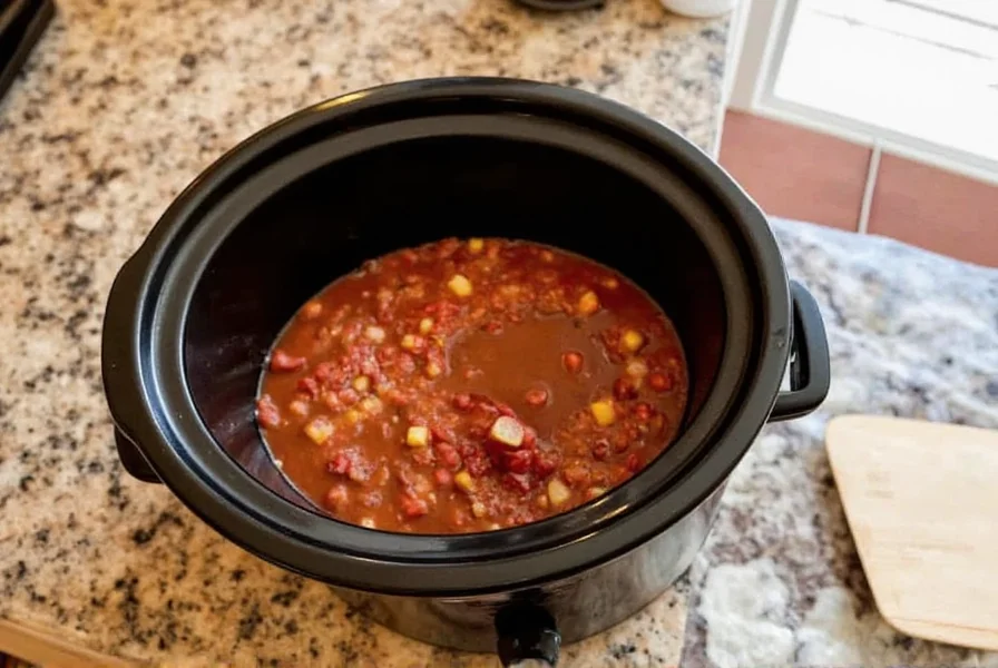 Slow cooker with chili ingredients being prepared on kitchen counter