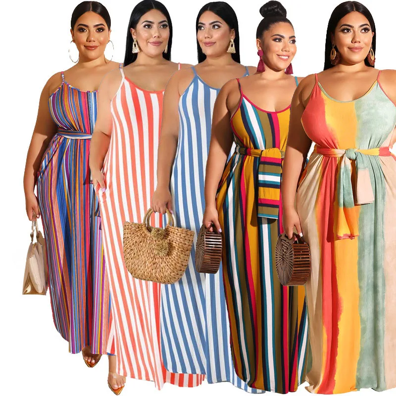 

Wholesale New Arrival sexy sleeveless printed plus size big size women striped loose belt strap dress summer, Apricot/yellow/pink/blue/rose madder