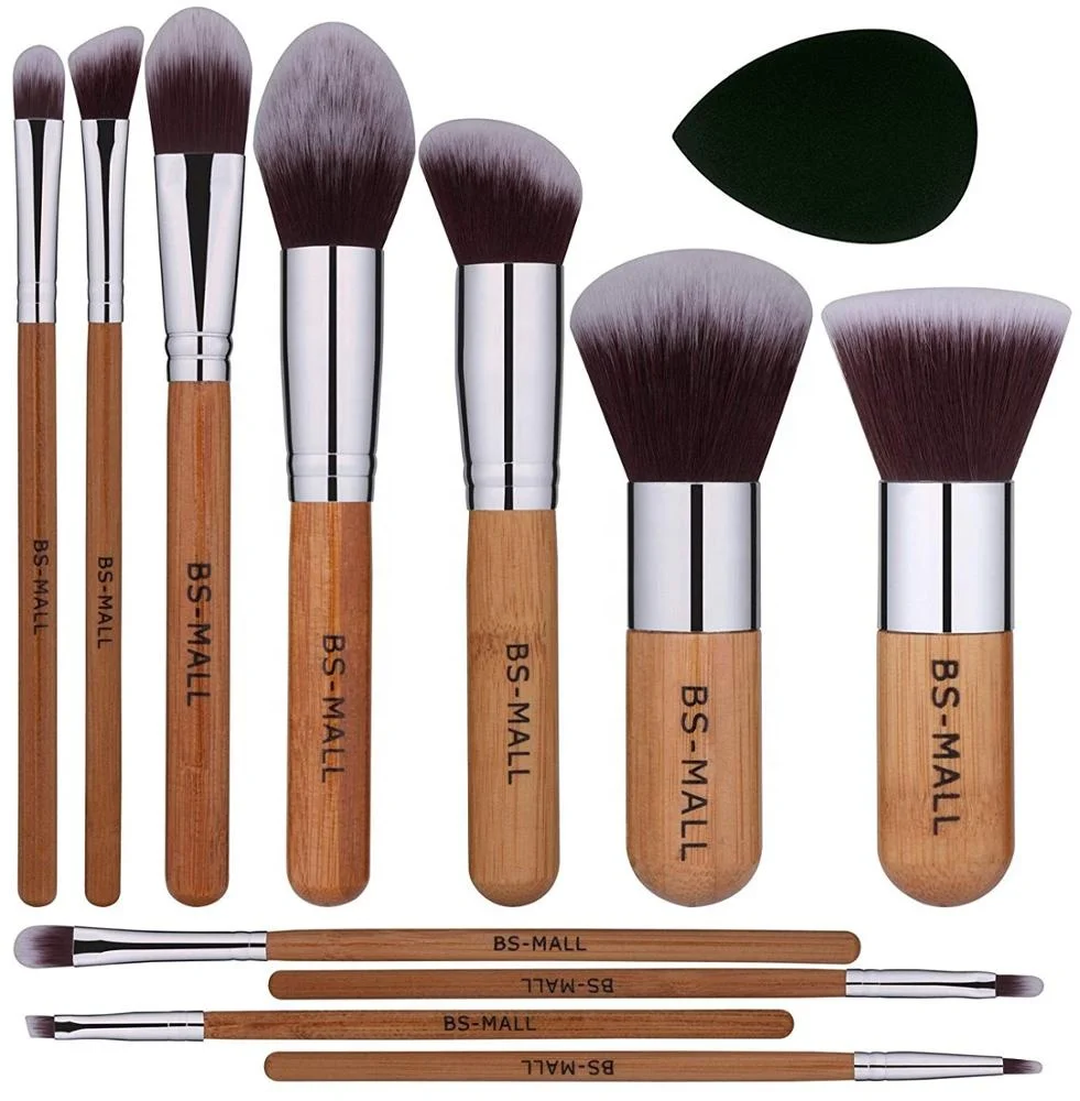 

BS-MALL Bamboo Makeup Brush 2021 Face Cosmetic Brush Tools 11pcs Nature Bamboo Makeup Brushes And Makeup Sponge, Picture or customized color