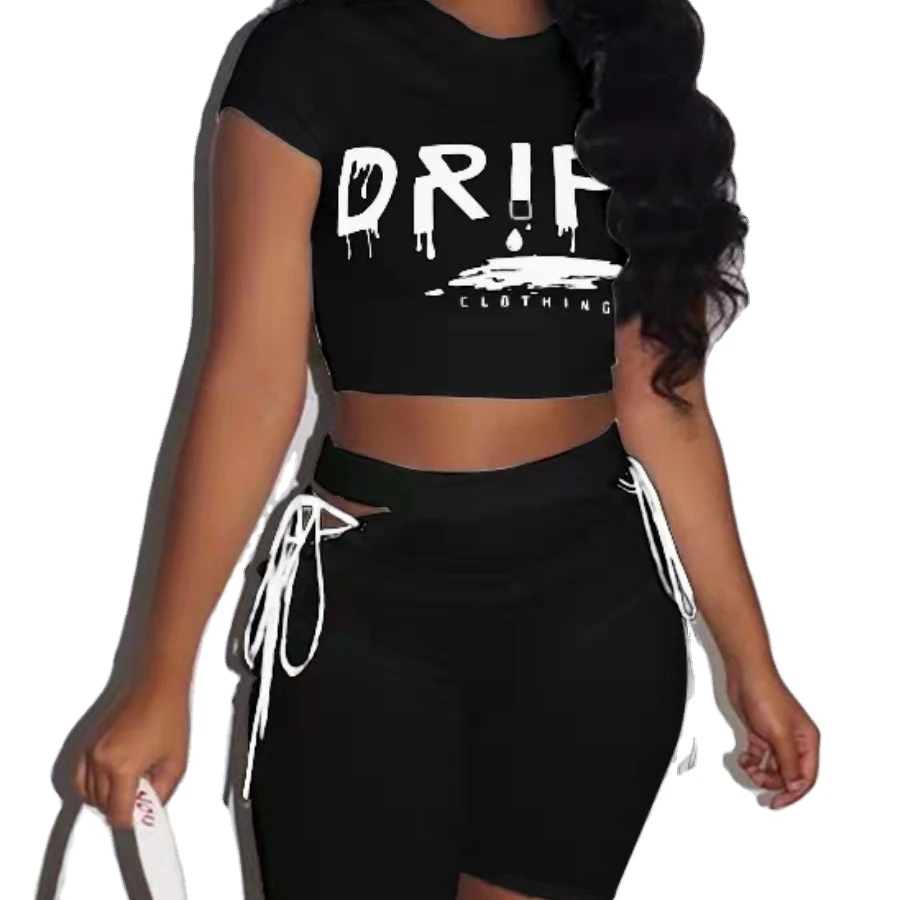 

Summer 2021 Fashion Drip T Shirts And Chic Shorts Set 2 Piece Women Streetwear Short Set For Women, Picture